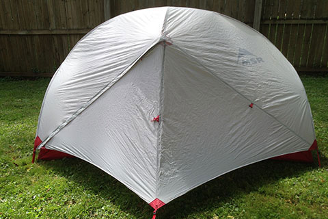 MSR Hubba Hubba tent pitched in the backyard