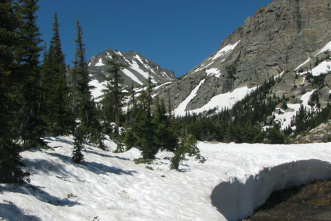 Footprints in the snow leading to Pear Lake