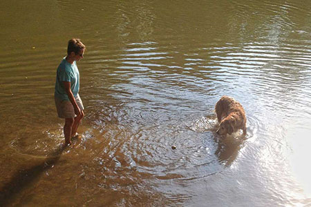 Jake waiting for a ball to be thrown while wading in a river