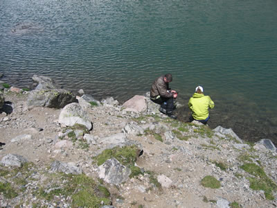 water filtering at a mountain lake